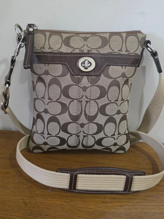 Coach Handbags - Coach Signature Jacquard Brown/Tan leather Crossbody bag